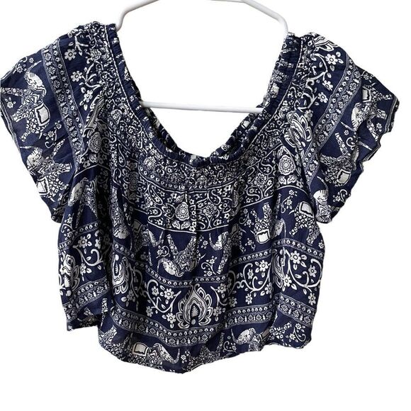 NEW Sequin Hearts Blue & White Elephant Print Crop Top Off the Shoulder Small S - Picture 6 of 7